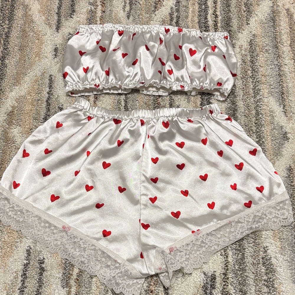 White Satin Heart-Print Bandeau & Shorts Sleep Set